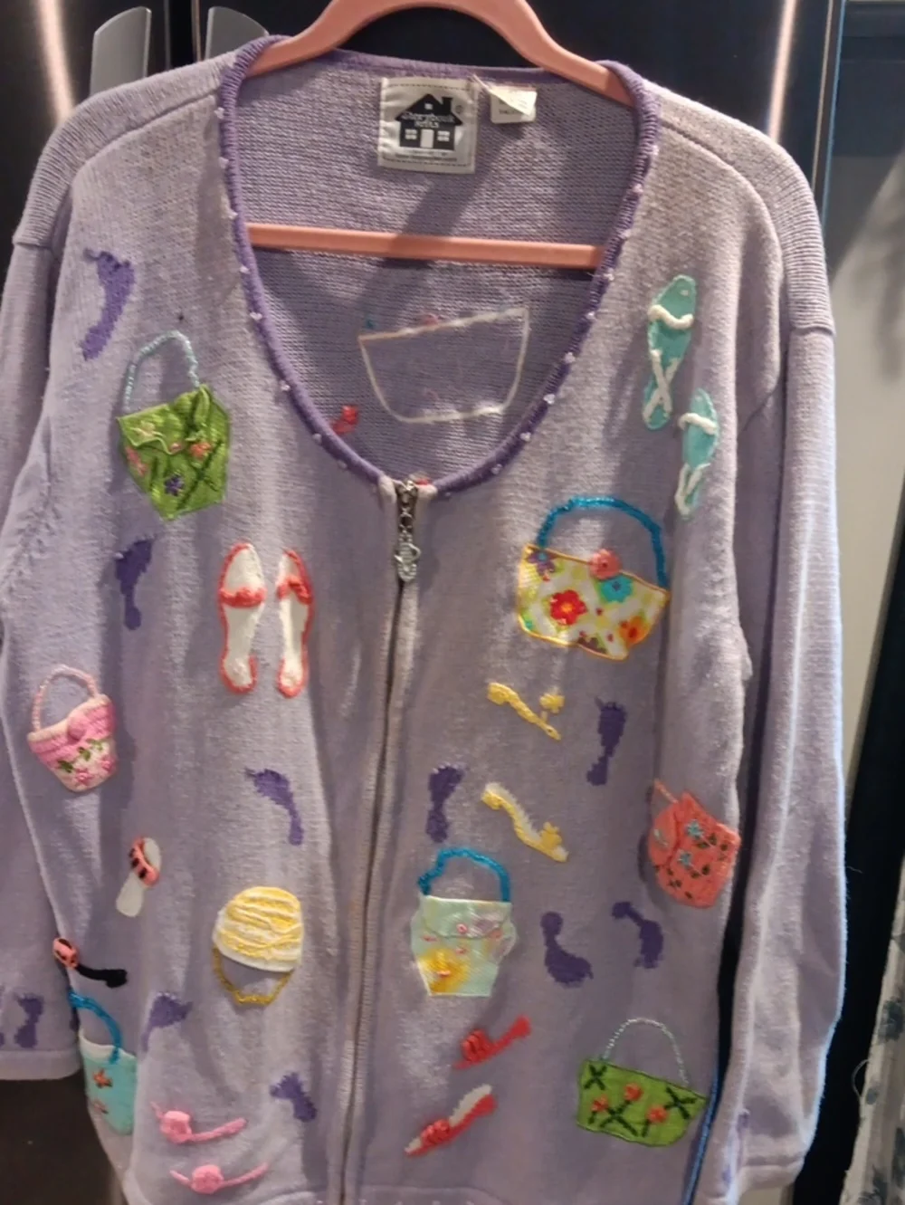 Storybook Knits Lavender Zip-Front Cardigan with Colorful Appliqués